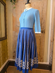 Vintage 1950s Hand-Knitted Powder Blue Cardigan with White Trim – UK 10/12
