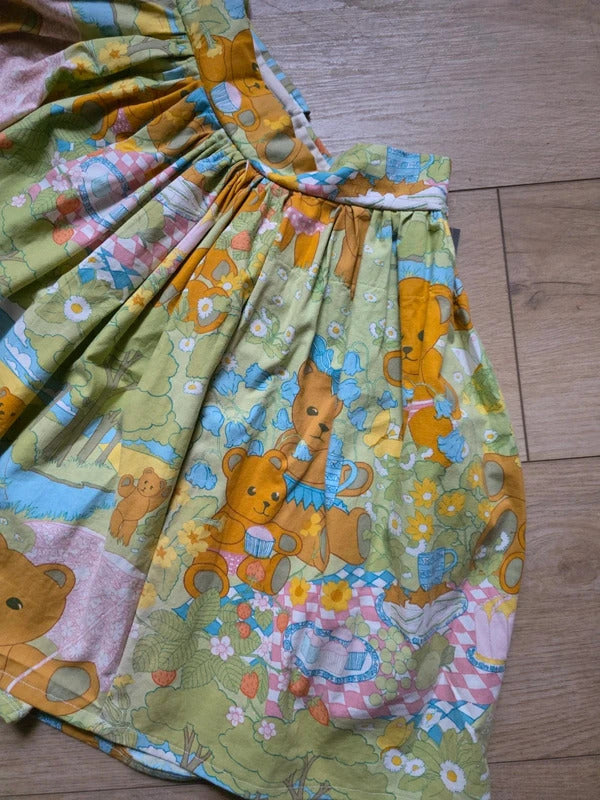 Vintage Handmade Novelty Print Cotton Skater Skirt | Teddy Bear Picnic | Upcycled | UK 8–10