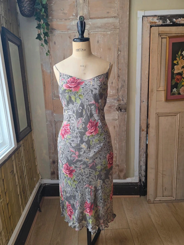 Vintage Y2K Slip Bias Dress – Floral Lace Print – UK 12