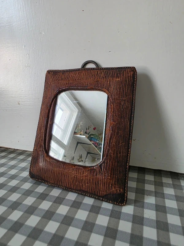 Antique WW1 Leather Travel Mirror Pocket Mirror Military Era