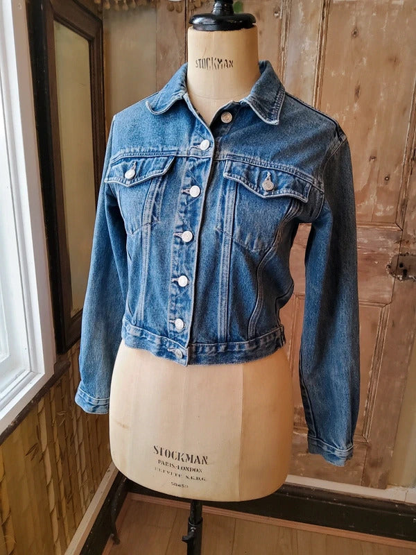 Vintage Y2K Cropped Denim Jacket Green Jeans Streetwear Mid Wash Blue Size S