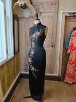 Load image into Gallery viewer, Vintage 1960s Black &amp; Gold Hand-Beaded Cheongsam Dress
