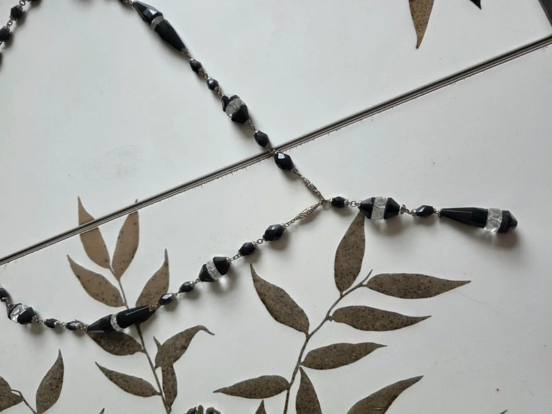 Art Deco Cut Glass Necklace – Black & Clear Long Flapper Style
