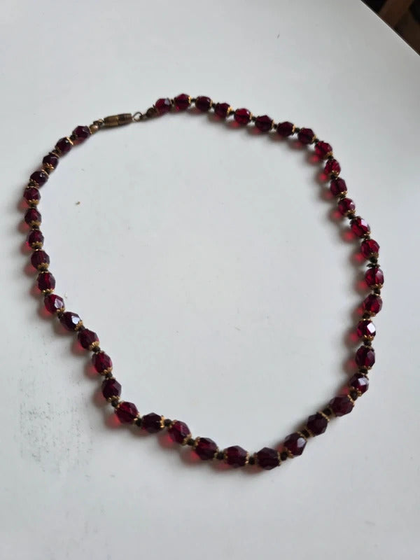 Vintage 1930s Cherry Red Faceted Glass Bead Necklace