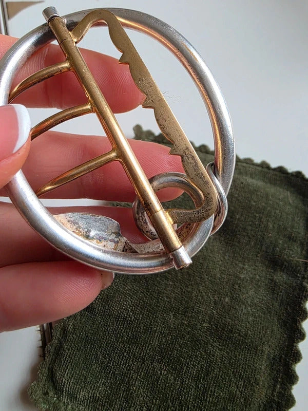 Antique 1920s Art Deco Silver & Brass Snake Belt Buckle with Turquoise Cabochon