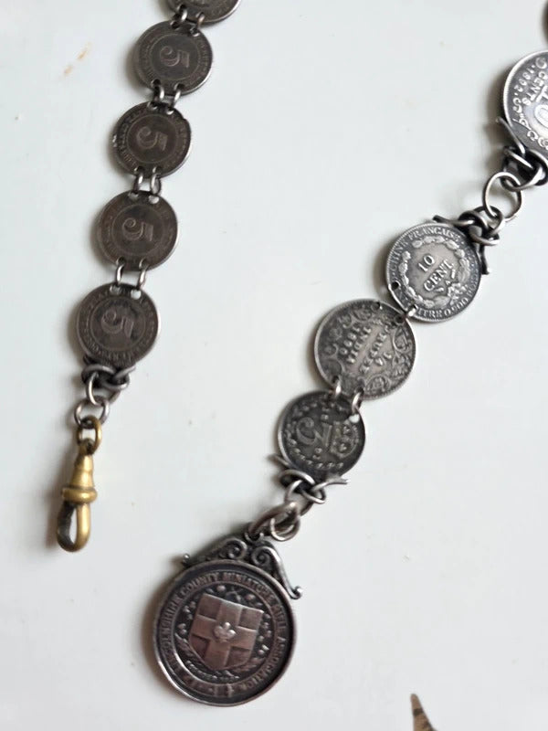Antique Sterling Silver Coin Pocket Watch Chain – 1890s Coins – Hallmarked Albert Chain