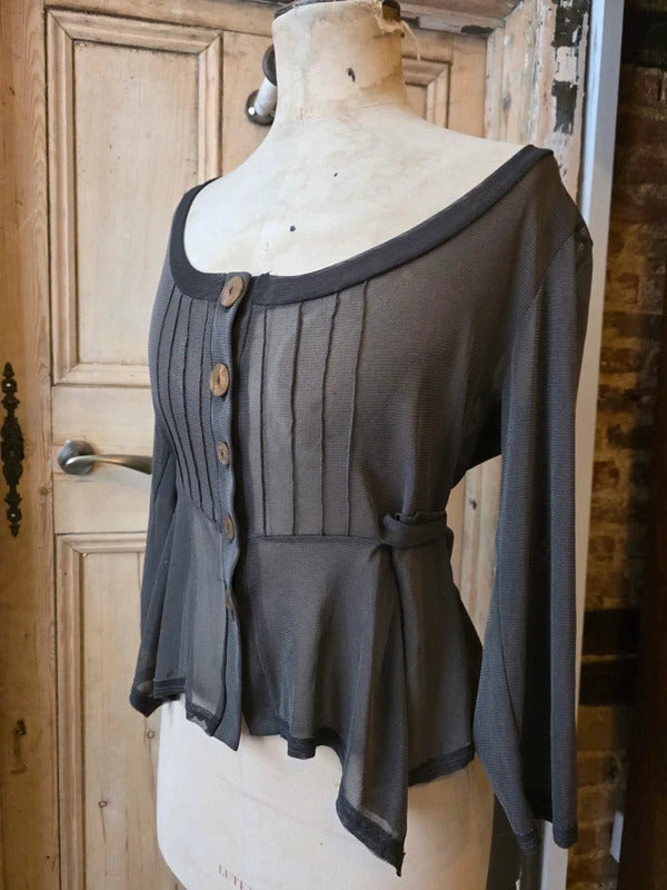 Vintage Y2K Sheer Cardigan Top – Tie Back – Mesh Button Front – 90s 00s