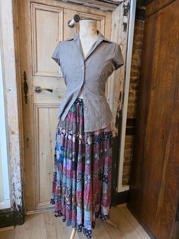 Vintage Y2K Patchwork Maxi Skirt – Rayon – Boho Festival Large