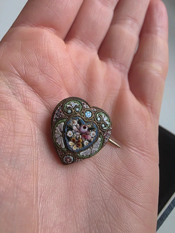 Antique Victorian micro mosaic love heart brooch