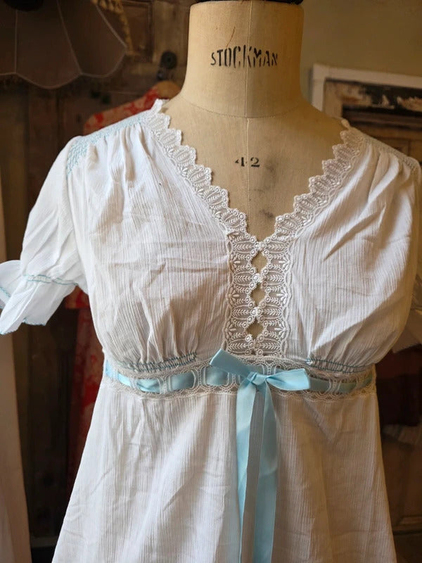 Vintage 1960s Italian White Cotton Negligee ~ Blue Ribbon Lace Nightdress Nightgown Cottagecore