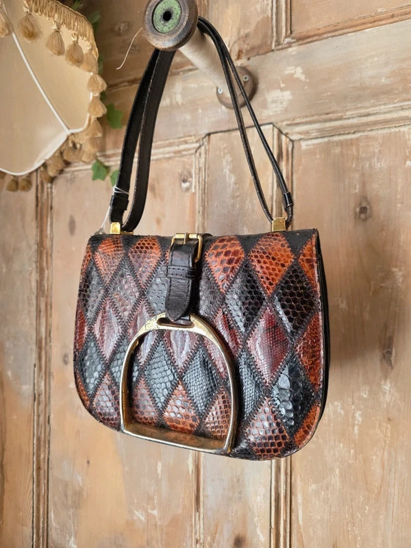 Vintage 1960s Genuine leather Patchwork Bag Stirrup Buckle