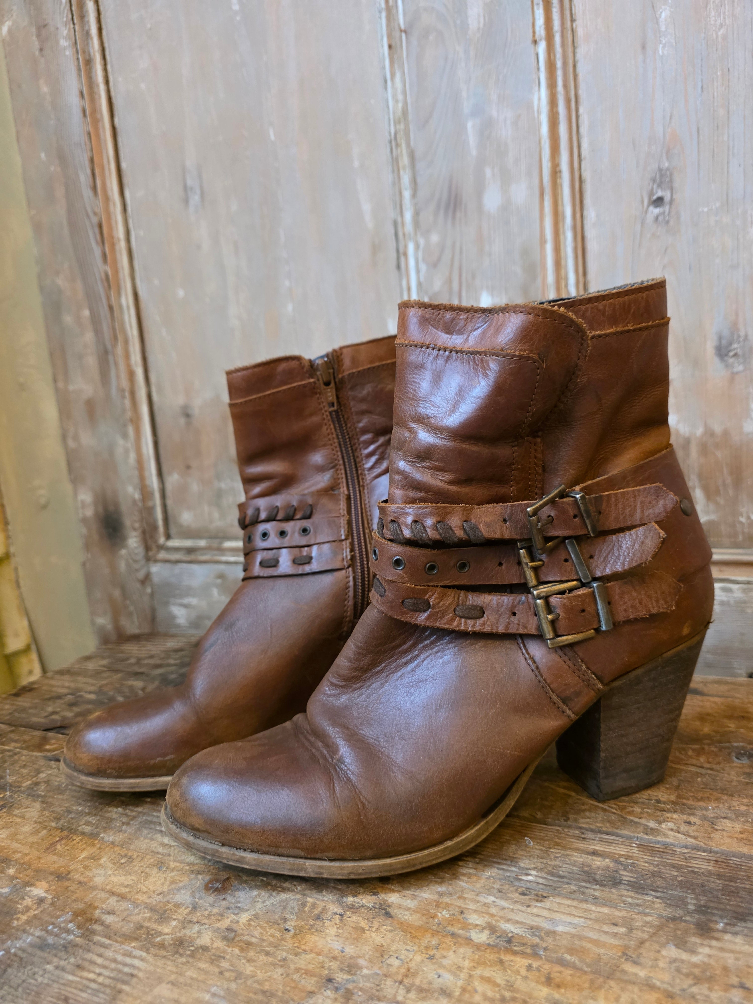 Vintage Y2K Western Style Ankle Boots UK Size 6 Leather Chunky Heel Retro 2000s