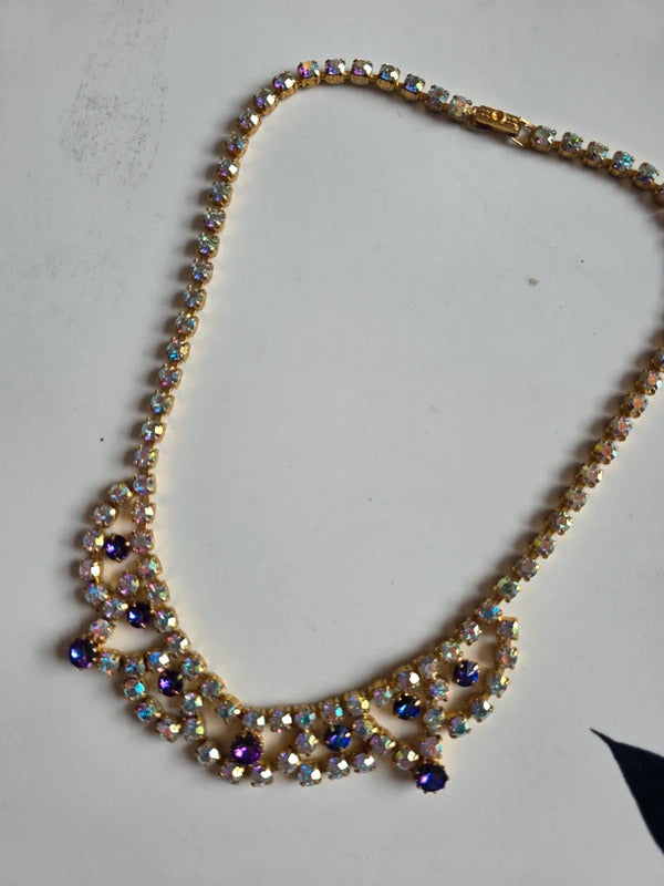 Vintage 1950s Aurora Borealis & Purple Rhinestone Necklace