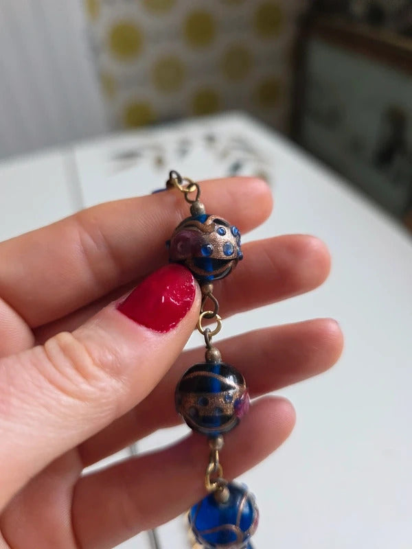Vintage Lampwork Glass Necklace – Wedding Cake Beads Blue & Gold