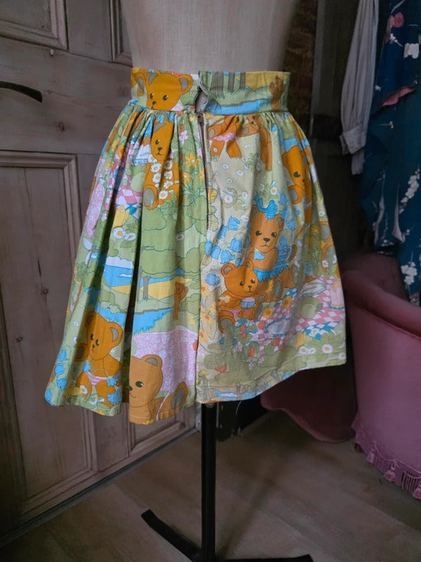 Vintage Handmade Novelty Print Cotton Skater Skirt | Teddy Bear Picnic | Upcycled | UK 8–10