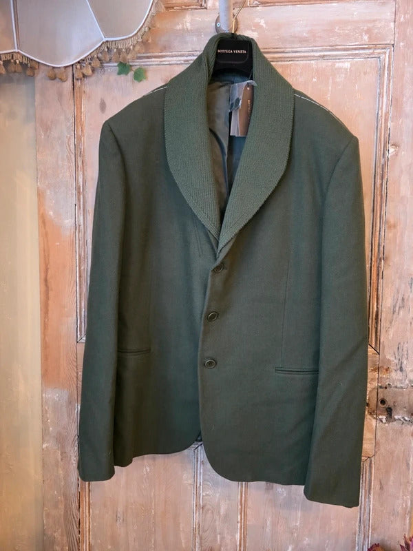 Bottega Veneta Olive Wool Blazer Detachable Ribbed Knit Shawl Collar 44"