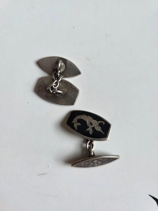 1930s Vintage Siam Silver Niello Cufflinks with Mythical Figure