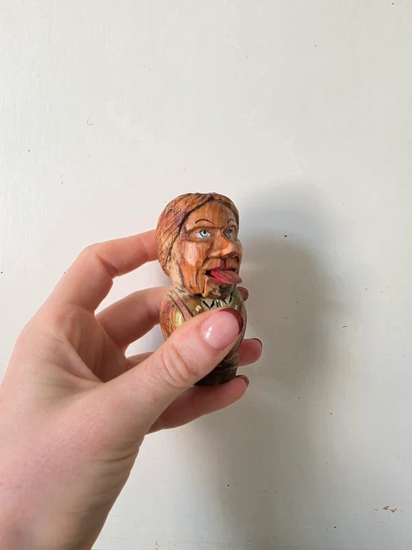 Vintage Hand Carved Folk Art Wooden Figures – Peasant Woman & Novelty Head