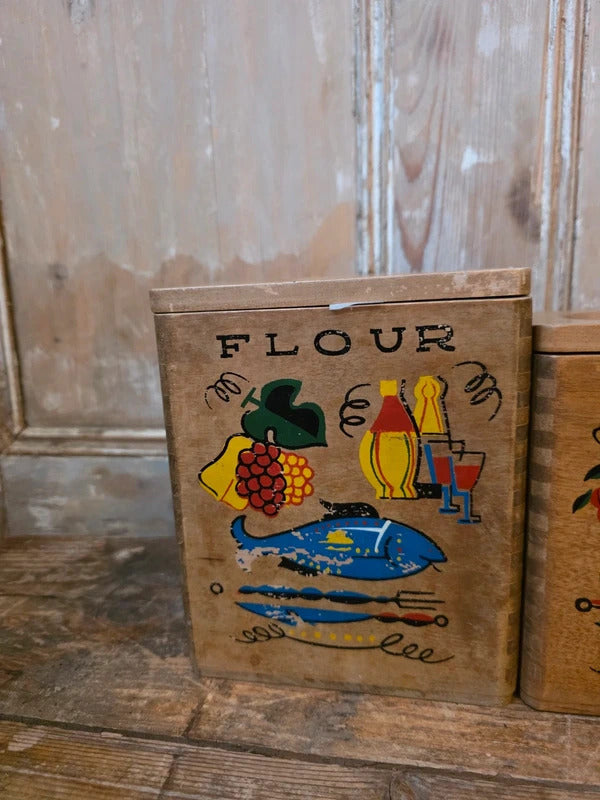 Vintage 1940s–1950s Hand-Painted Kitchen Canister Set (Flour, Sugar, Coffee, Tea)