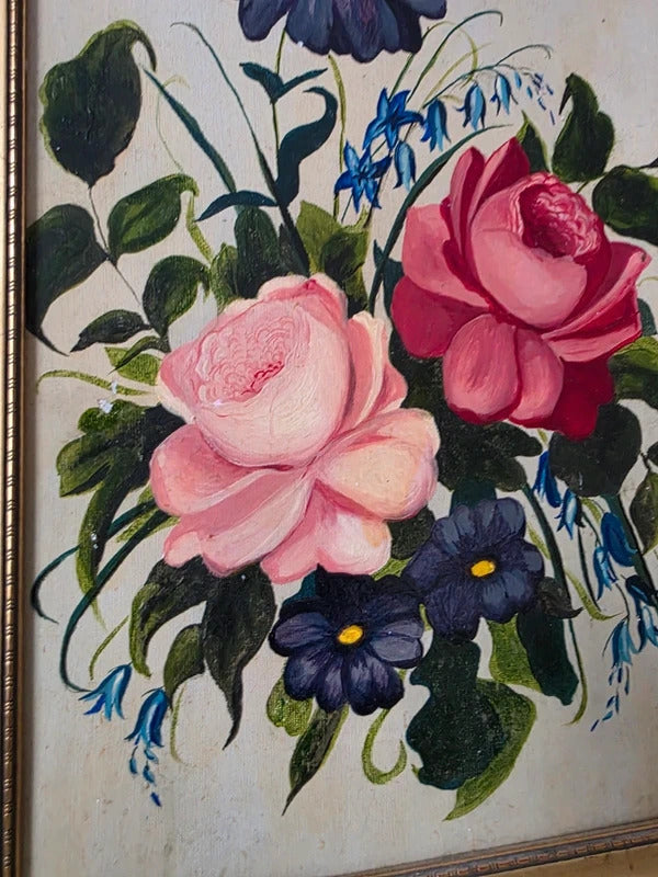 Vintage mid-century century floral oil on board painting