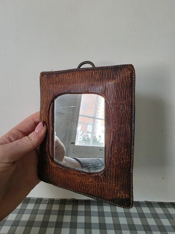 Antique WW1 Leather Travel Mirror Pocket Mirror Military Era