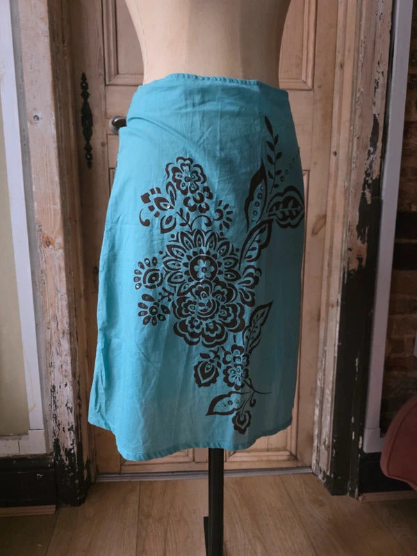 Vintage Y2K Turquoise Cotton Floral Print Skirt | UK 12 | Boho Summer A-Line uk12