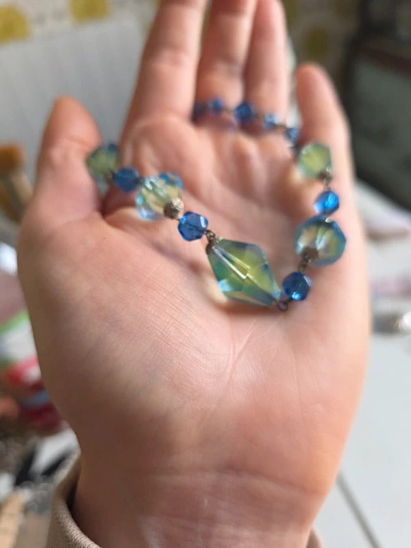 Vintage Czech Bi colour Uranium 1930s Art Deco Faceted Glass Necklace