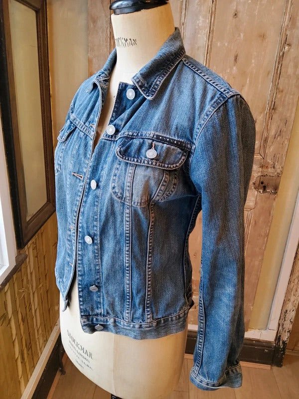 Vintage Y2K Sisley Denim Jacket Fitted Trucker Mid Wash Blue | UK8