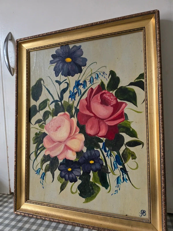 Vintage mid-century century floral oil on board painting