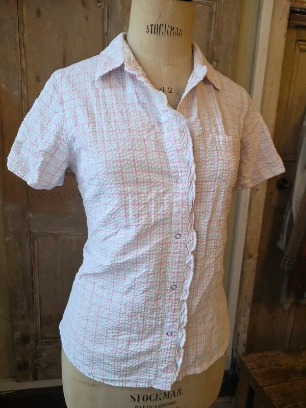 Vintage Y2K Cotton Traders Pink fitted Check Seersucker Popper Shirt UK 12