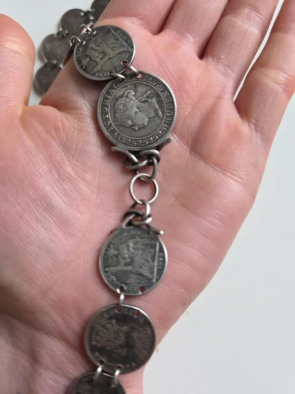 Antique Sterling Silver Coin Pocket Watch Chain – 1890s Coins – Hallmarked Albert Chain