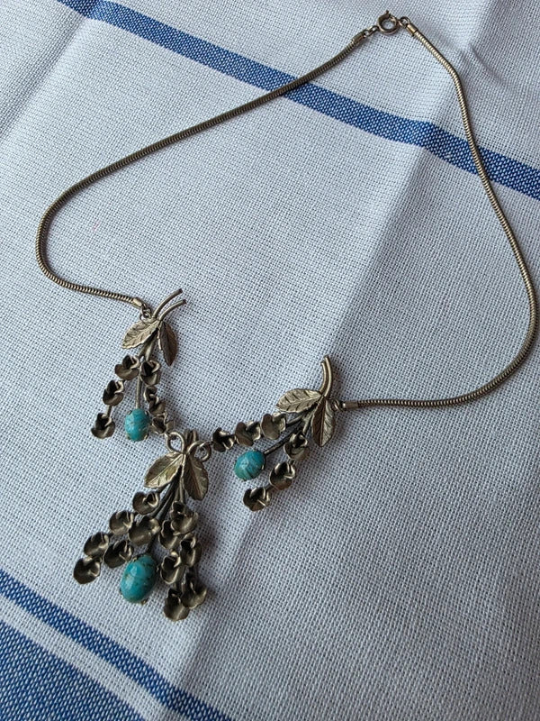 Vintage Mid Century Silver Tone Floral Necklace with Turquoise Blue Drops