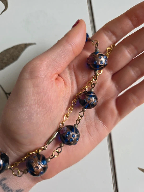 Vintage Lampwork Glass Necklace – Wedding Cake Beads Blue & Gold