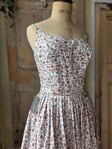 Vintage 1950s Floral Cotton Sundress with Green Bows – UK 12/14