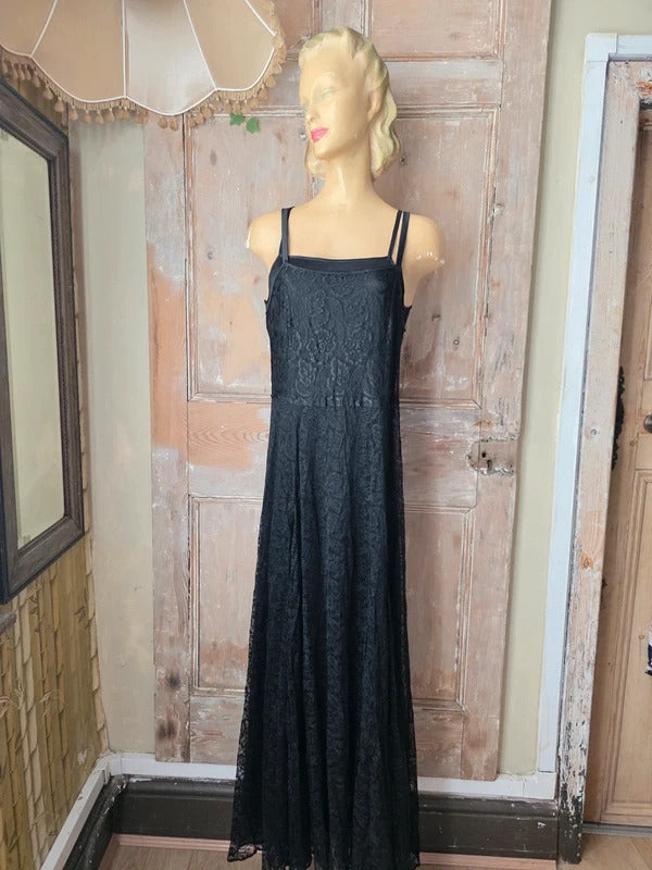 Antique Vintage 1930s Black Satin and Lace Gown Maxi