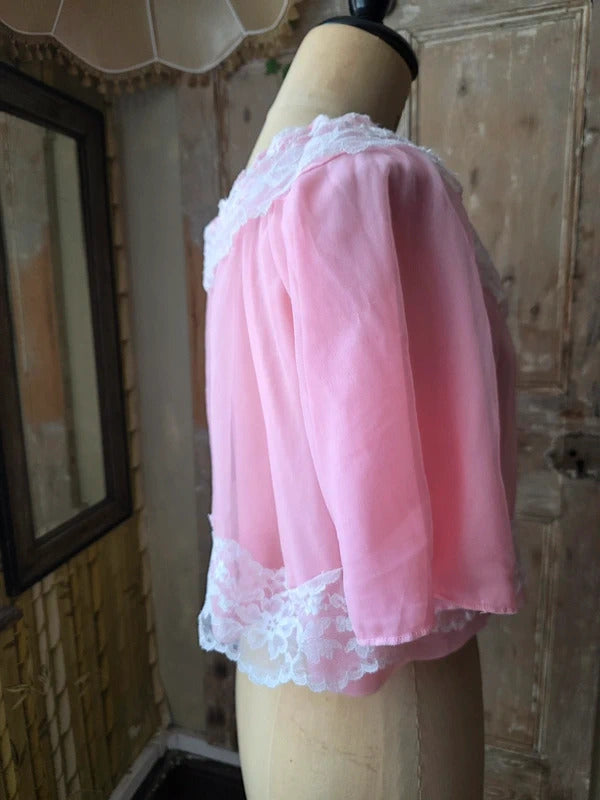 Vintage 1960s White Lace Collar & Trim Pink Nylon Bed Jacket