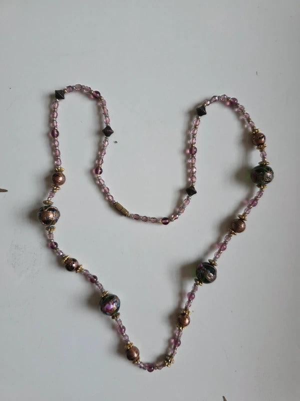Vintage Venetian Lampwork Glass Bead Necklace – Murano Style, Handblown Art Glass