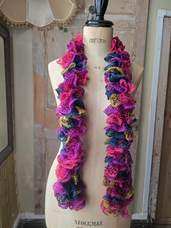 Vintage Y2K Multi-Coloured Crochet Skinny Ruffle Scarf