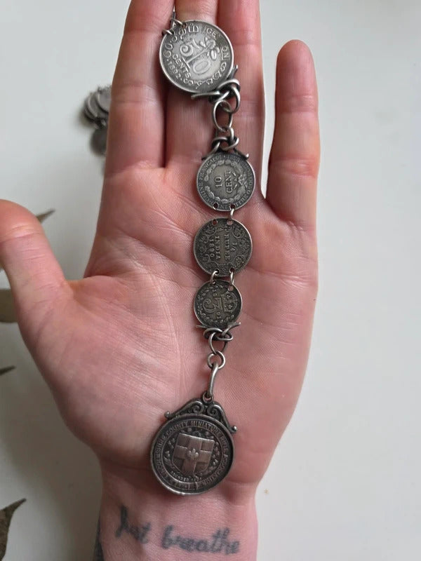 Antique Sterling Silver Coin Pocket Watch Chain – 1890s Coins – Hallmarked Albert Chain