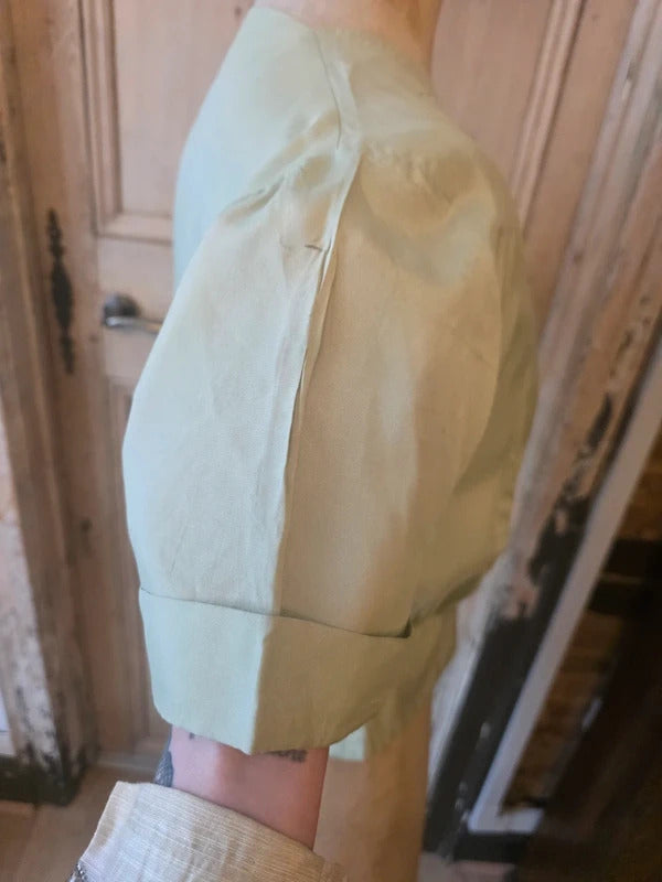 Vintage 1950s Pale Green Fitted Blouse – Charles Hire Worthing, Button Front, Cinched Waist