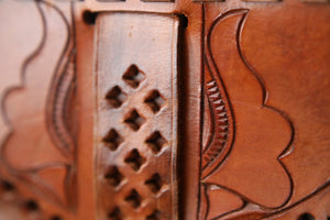 Vintage early 1970s brown tooled leather shoulder bag