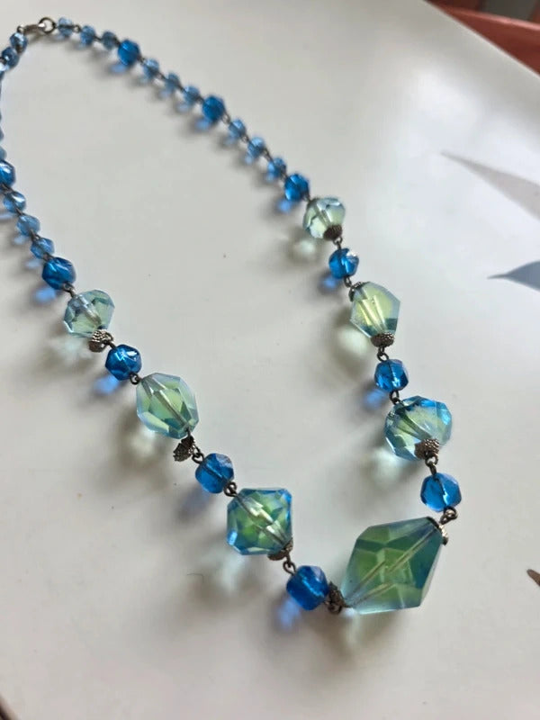 Vintage Czech Bi colour Uranium 1930s Art Deco Faceted Glass Necklace