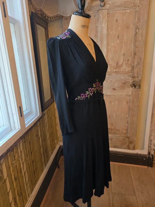 Vintage 1930s Black Crepe Dress Floral Embroidery Wrap Neckline Make Do And Mend UK 12