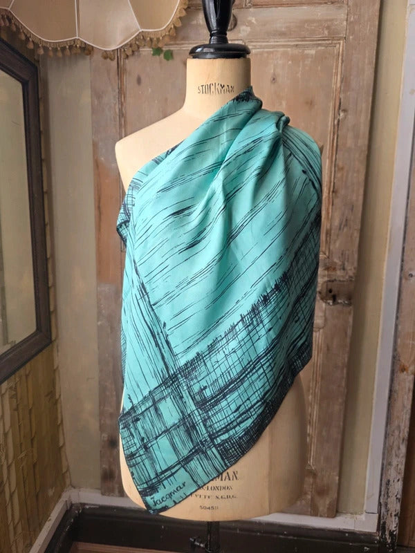 Vintage Silk Jacqmar Blue Scarf - Turquoise Crosshatch Print