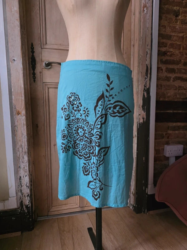 Vintage Y2K Turquoise Cotton Floral Print Skirt | UK 12 | Boho Summer A-Line uk12