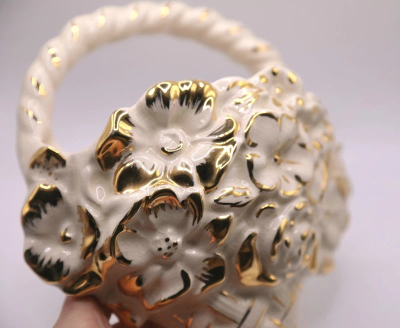 Vintage Retro 40s Kensington Ware KPB Wall Cream Gold Pocket Flower Basket Vase