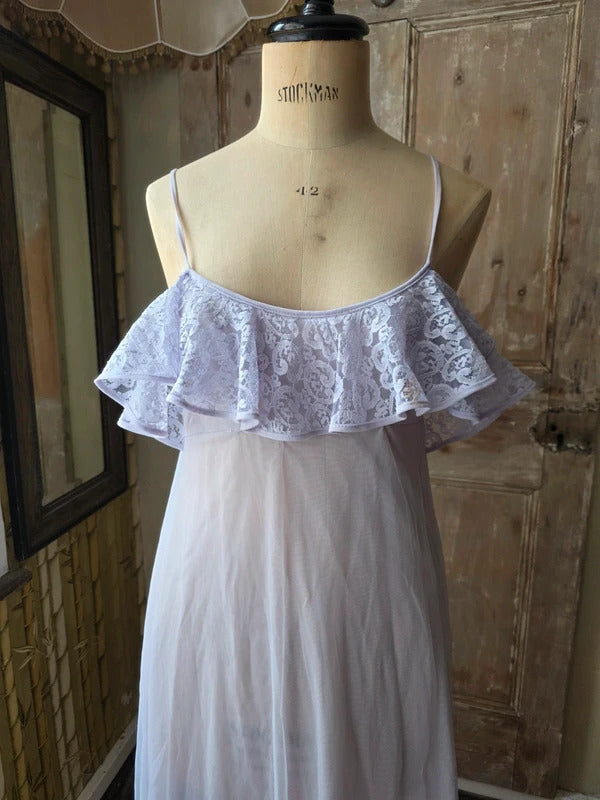 Lilac Maxi Nightgown Vintage 1970s Sheer Nylon with Lace Ruffle