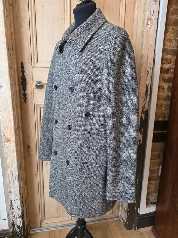 Tommy Hilfiger Wool Blend Coat – Grey Herringbone Double Breasted Jacket – Size L
