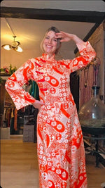 Load image into Gallery viewer, Vintage 1960s Handmade Red &amp; White Print Maxi Dress Uk12
