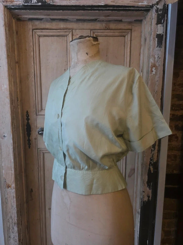 Vintage 1950s Pale Green Fitted Blouse – Charles Hire Worthing, Button Front, Cinched Waist